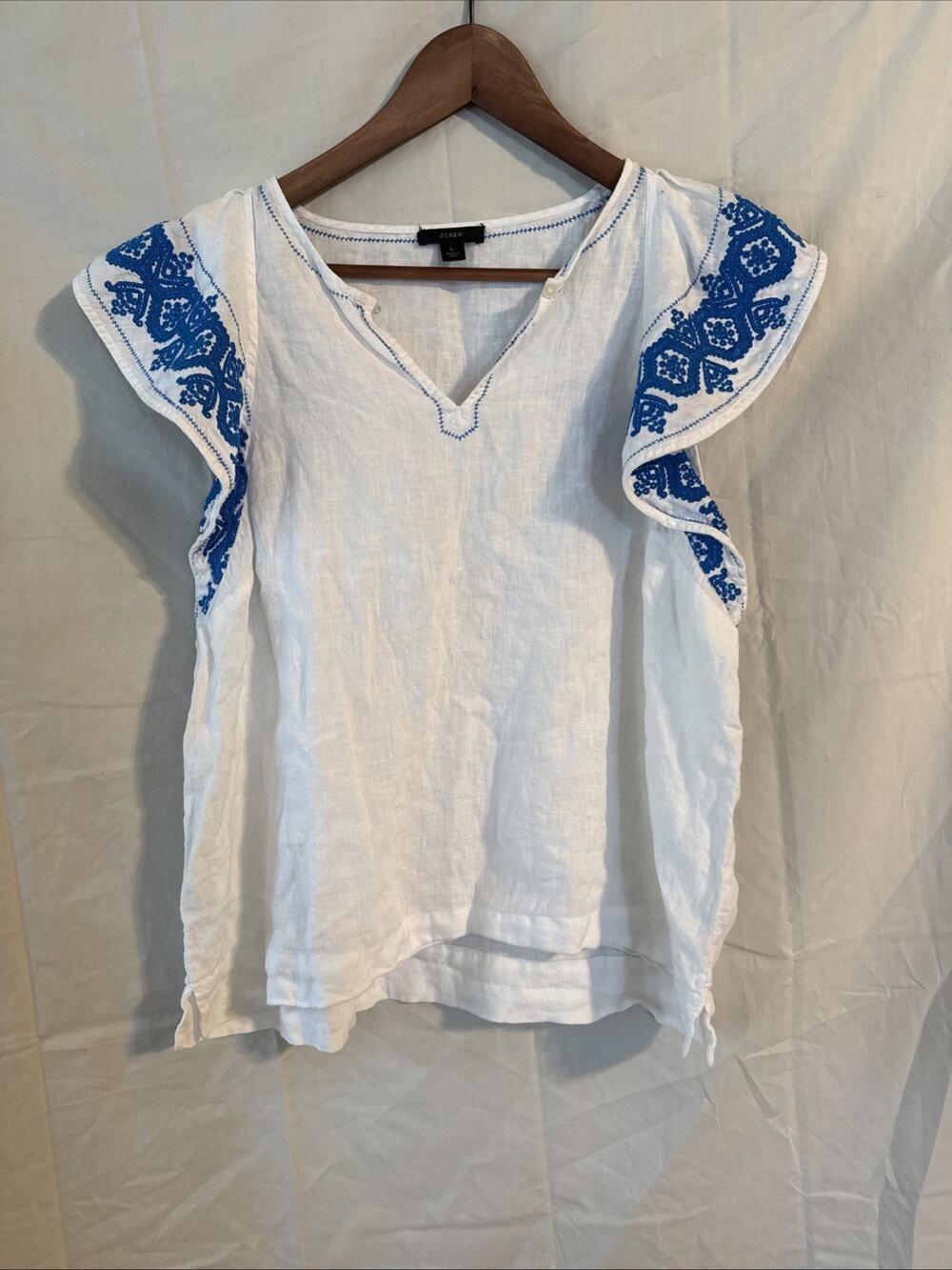 J.Crew Womens Large White Linen Embroidered Flutter Sleeve Split Neck Top Blue